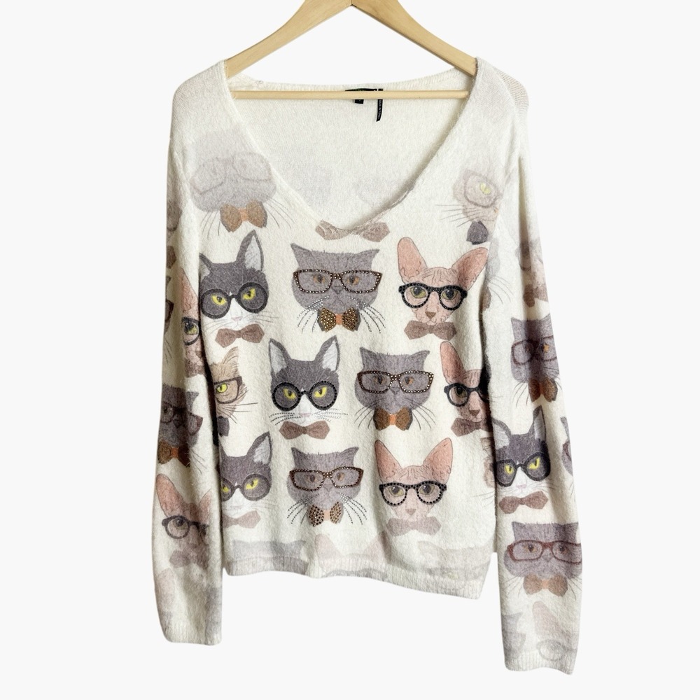 Tricotto V-neck Cat In Glasses Sweater Small Fuzzy Cozy Cat Lady Nerdy AOP Gems